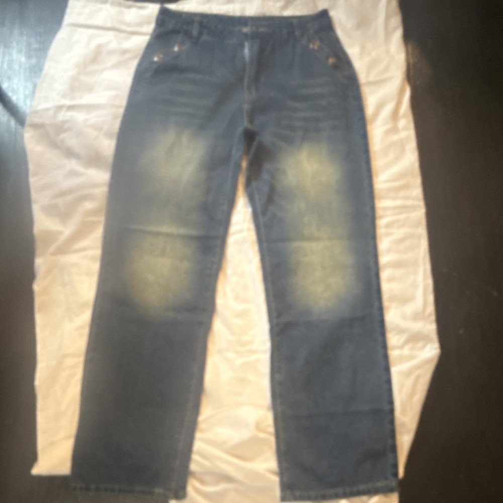 Women's Y2k Medium Blue Denim Straight Jeans‎ Cotton Blend 5-Pocket Zip Button